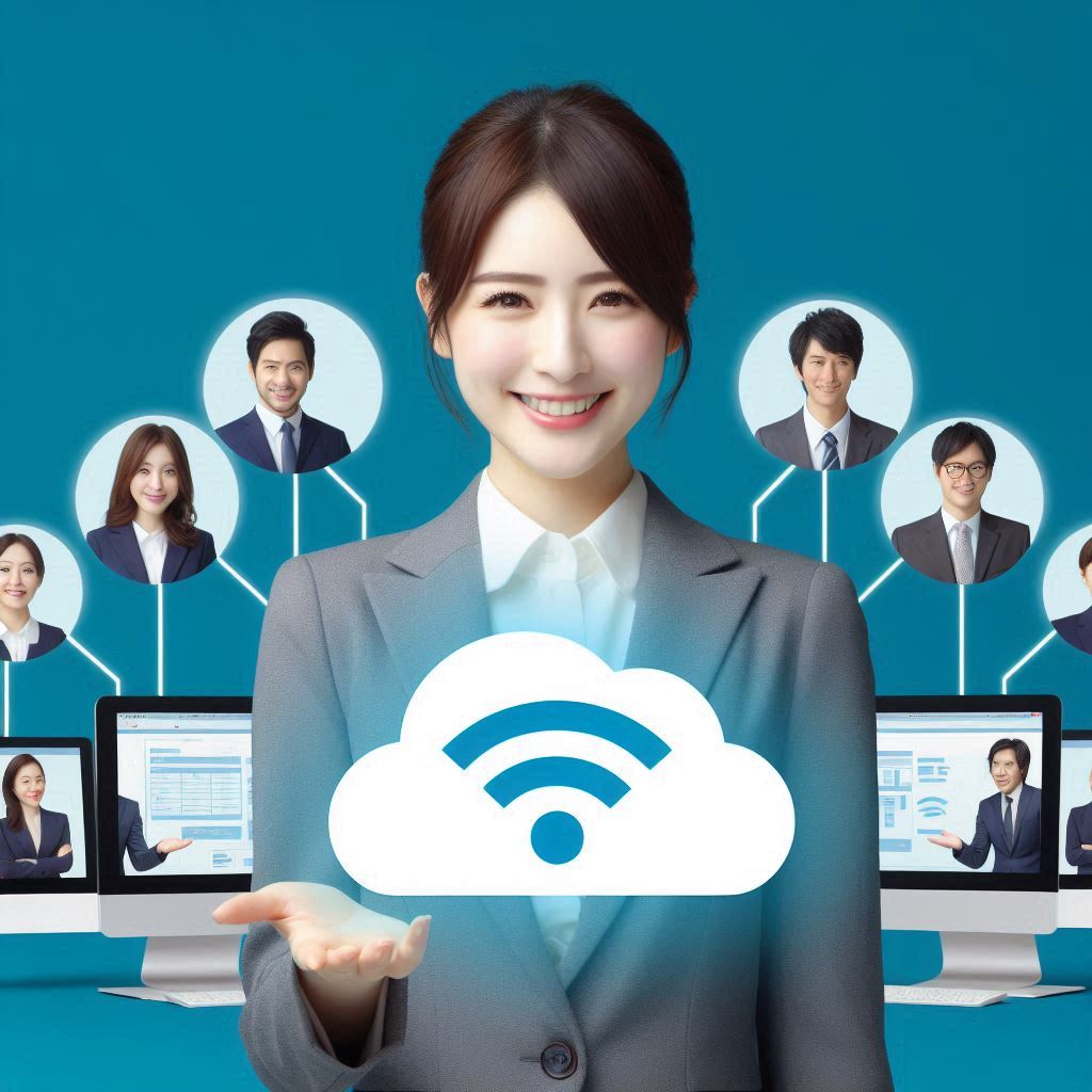 una mujer una mujer viendo de frente sonriendo con traje con una mano extendida y atrás una nube con la símbolo de Wi-Fi fondo azul la nube hacia abajo varias 3 computadoras cada computadora con una persona real y cada computadora con páginas abiertas y unas encuestas